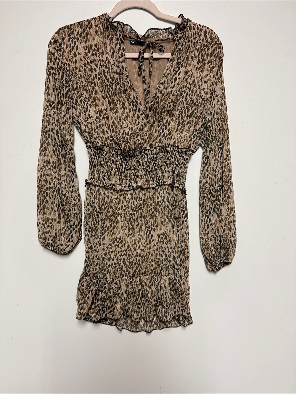 Zara Tan and Brown Leopard Print Smocked Waist Tunic